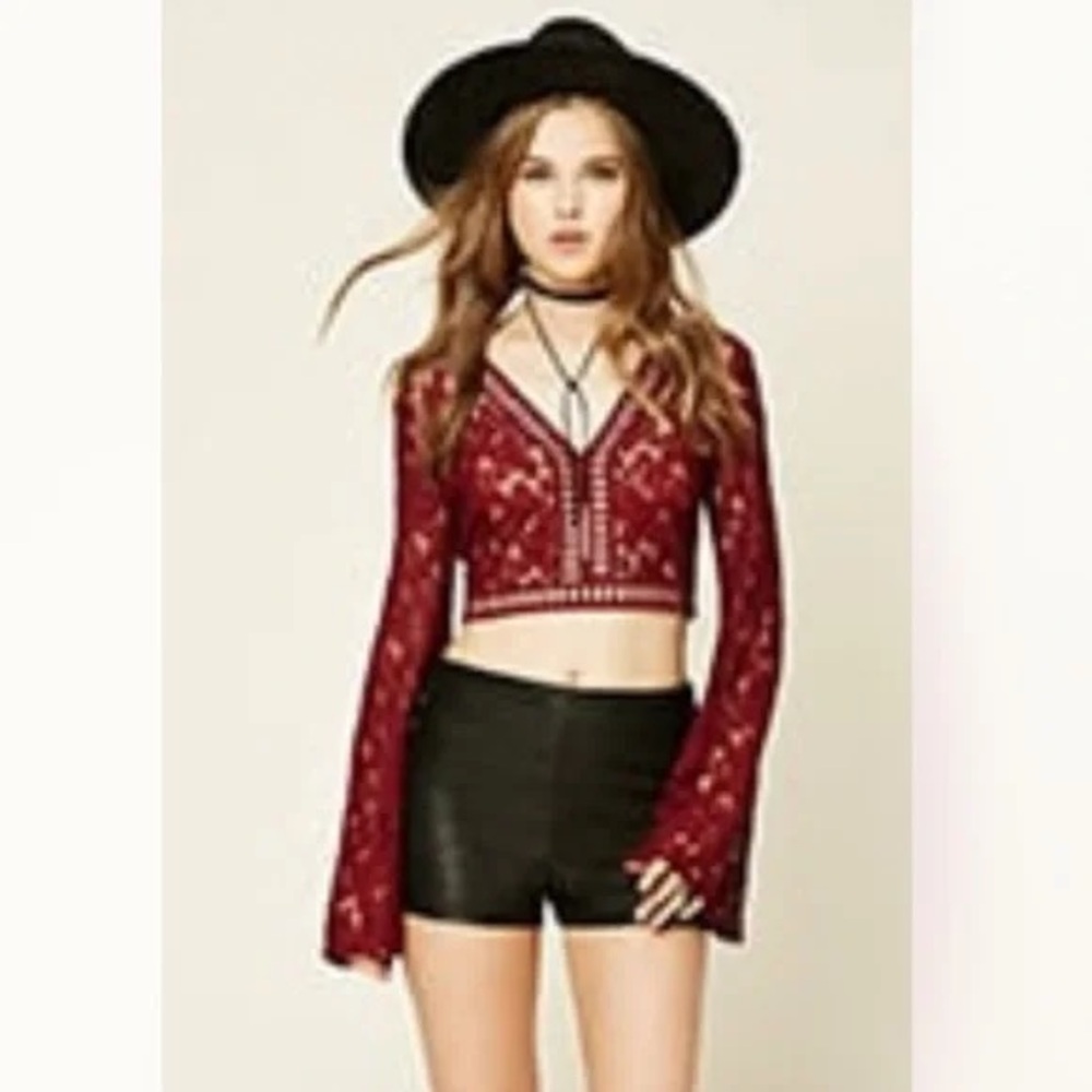 Forever 21 Burgundy Lace bell sleeve crop top